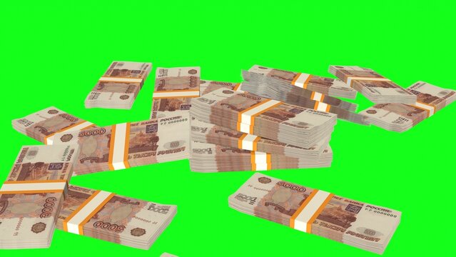 Many Wads Of Money Falling On Chromakey Background. 5000 Russian Ruble Banknotes. Stacks Of Money. Financial And Business Concept. Green Screen. 