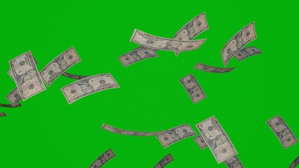 Many wads of money falling on chromakey background. 10 US dollar banknotes. Stacks of money. Financial and business concept. 