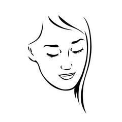 Linear sketch of a beautiful face of a girl. Logo for a beauty spa salon. Vector black and white fashion illustration. Hand drawn style