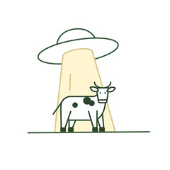 A cow that is abducted by a UFO or an unidentified flying object. Vector illustration. Outline icon.