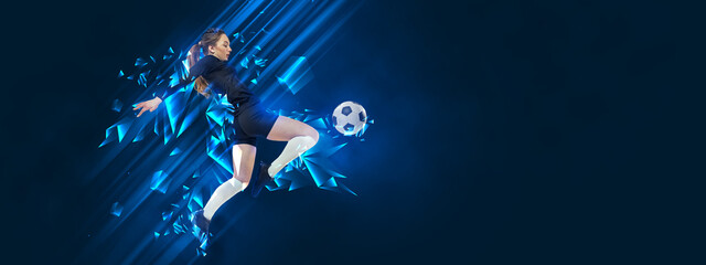 Poster with young woman, female soccer player playing football with ball isolated on blue background with polygonal and fluid neon elements. Sport concept
