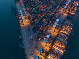 Aerial view of container terminal at night