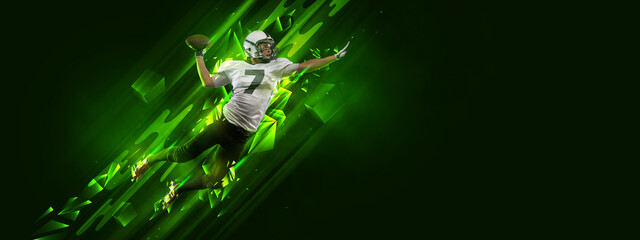 Bright poster with american football player in motion and action with ball isolated on dark background with polygonal and fluid neon elements. Art, creativity, sport