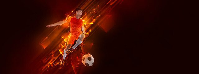 Flyer. Creative artwork with soccer, football player in motion and action with ball isolated on...