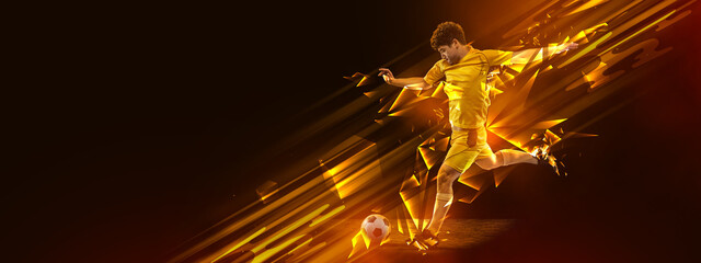 Flyer. Creative artwork with soccer, football player in motion and action with ball isolated on...