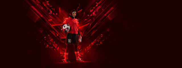 Flyer with arabian woman, soccer goalkeeper in action with football ball isolated on dark red background with polygonal neon elements. Sport concept
