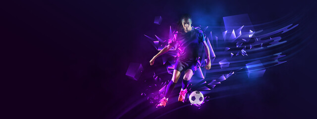 Flyer. Creative artwork with female soccer, football player in motion and action with ball isolated...
