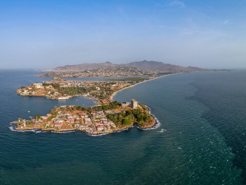 Aerial view of a small bay along the coast near Freetown, Sierra Leone.