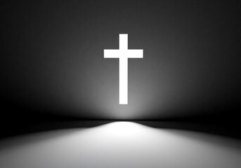 Obraz premium Christian crucifixion. Glowing cross in dark. Religious cross on dark wall. Catholic crucifix for prayer service. Symbol of Christian religion. Holy Cross for Catholics. 3d rendering.