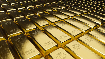 Shiny stacks of gold bars. Financial or trading concepts. 3d rendering.