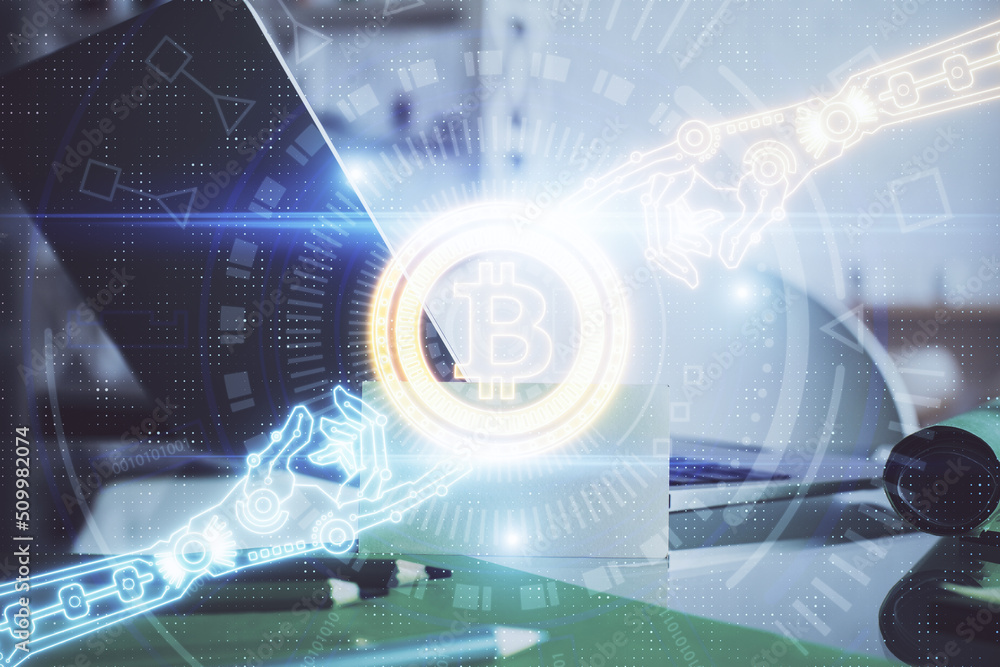 Aufkleber Double exposure of blockchain and crypto economy theme hologram and table with computer background. Concept of bitcoin cryptocurrency.