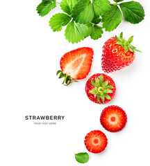 Strawberry fruits and leaves creative layout.