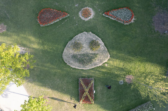 Aerial view of artistic flower composition at Parc de l'Indipendance (The Independent park), Morges, Switzerland.