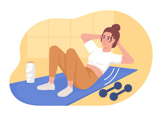 Obraz premium Ab exercises with dumbbells 2D vector isolated illustration. Young woman training abdominal muscles flat character on cartoon background. Colourful editable scene for mobile, website, presentation
