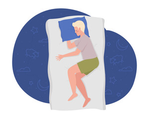 Sleeping on side restfully at nighttime 2D vector isolated illustration. Young man with arm under pillow flat character on cartoon background. Colorful editable scene for mobile, website, presentation