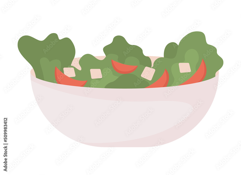 Poster bowl with green veggies and cheese semi flat color vector object. greek salad. editable element. ful