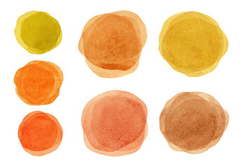Collection of watercolor circles in warm natural colors. Shapes with a multi-layered transparent effect. Watercolor paper texture. Abstract patterns for design.