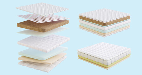 3d illustration mattress without springs, memory effect composition, inside, frame white fabric, breathable membrane, mesh, pores, foam layers, cotton wool, fiber, cotton, bamboo, coconut, polyurethan