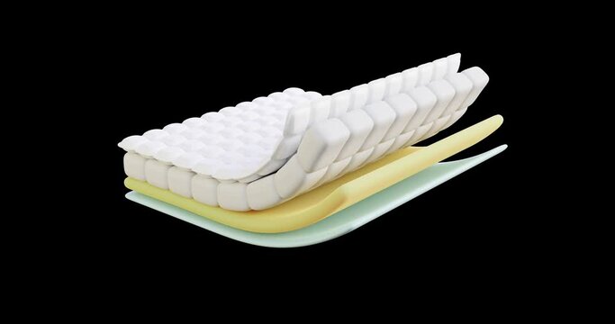 animation lifting edges, composition, inside, frame white fabric, breathable membrane, mesh, pores, foam layer, cotton wool, fiber, cotton, bamboo