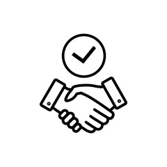 Commitment isolated vector outline icon. Handshake with tick modern sign design.