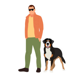 man and dog in flat design, isolated vector