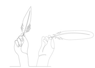 hand with bird feather drawing in one continuous line, vector