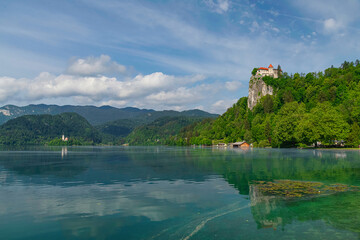 Fototapeta na wymiar Bled Castle is a medieval castle located at the top a cliff, above the city of Bled in Slovenia