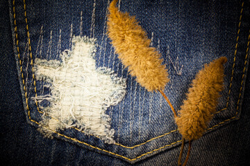 Vintage jeans torn denim texture for background.