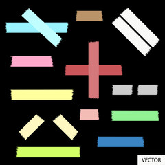 Colorful different size adhesive tapes or sticky tapes isolated on black background. Pastel color various adhesive tapes set. Vector illustration.