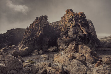 The Peninsula of Howth Head on a foggy day, the cliffs warped by fog, Dublin, Seashore of  cliffs, bays and rocks landscape, dangerouse cliffs, spectacular views in Ireland , Ireland