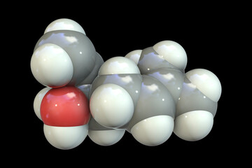 Linalool molecule, 3D illustration. Naturally occurring organic compound found in essential oils of tea tree, coriander, cymbopogon, sweet orange, lavender and other plants, has antiseptic properties