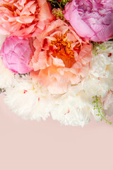 Abundance of Fresh bunch of Peonies Bouquet of different pink colors on light pink background. Card Concept, copy space for text