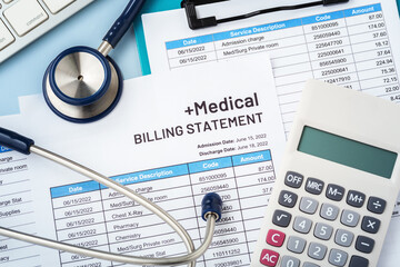 Medical billing statement with stethoscope and calculator, hospital and healthcare cost