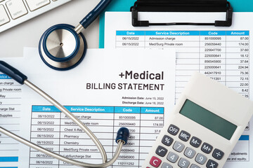Medical billing statement with stethoscope and calculator