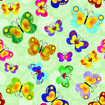 Seamless light pattern with colorful butterflies and translucent paisley. Vector eps 10