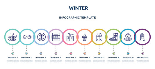winter concept infographic design template. included heater, snow goggle, winter tire, logs, ski lift, hot drink, anorak vest, winter boots, electric heater icons and 10 option or steps.