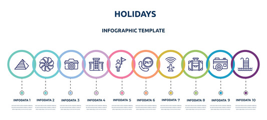 Fototapeta na wymiar holidays concept infographic design template. included null, ventilation, digital camera, hotel, tourist guide, hotel phone, airport flight info, travelling handle bag, swimming pool ladder icons