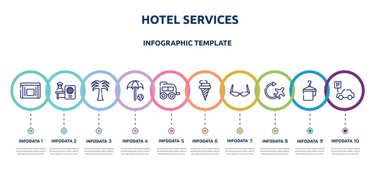 hotel services concept infographic design template. included sick bag, passport control, coconut trees, beach umbrella and beach ball, two window carriage, icecream cone, old fashion glasses,