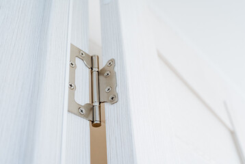 The door hinge is cut into the base of the doorway, the installation details of wooden doors, chrome elements of the interior.