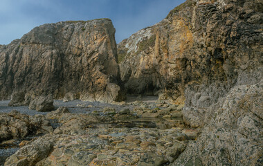 The Peninsula of Howth Head on a foggy day, the cliffs warped by fog, Dublin, Seashore of  cliffs, bays and rocks landscape, dangerouse cliffs, spectacular views in Ireland , Ireland