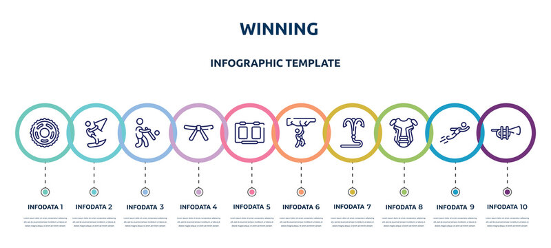 winning concept infographic design template. included sprocket, kitesurf, batter, black belt, score board, rappel, grappling hook, chest guard, ets icons and 10 option or steps.