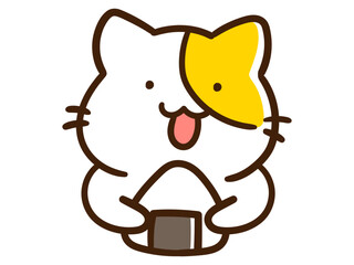 おにぎりを持つかわいいねこのデフォルメイラスト