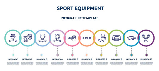 Fototapeta na wymiar sport equipment concept infographic design template. included cyclist, null, waterpolo player, kickboxer, apex, diving belt, armband, push up, lacrosse icons and 10 option or steps.