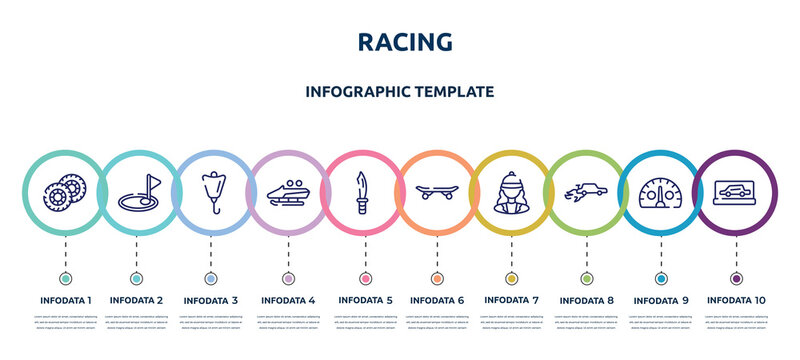racing concept infographic design template. included pit, birdie, lift bag, bobsled, dive knife, longboard, horsewoman, autocross, backup car icons and 10 option or steps.
