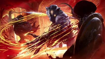 A furious magical warrior, half-tiger, breaks into the squads of Arab guards with sickles, tearing them apart with his golden brass knuckles with claws and long spear. clean looped 2d animation 