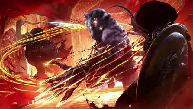 A furious magical warrior, half-tiger, breaks into the squads of Arab guards with sickles, tearing them apart with his golden brass knuckles with claws and long spear. clean looped 2d animation 