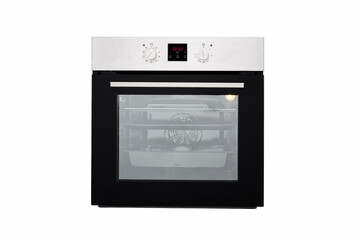 Obraz premium Electric oven black, with aluminum panel and electronic display. Front view. Isolated on white