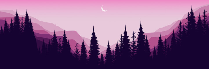 moonrise at mountain landscape with tree silhouette vector illustration flat design good for wallpaper, background, backdrop, banner, web, travel, tourism, adventure and design template