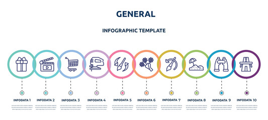 general concept infographic design template. included gift box with ribbon, fragments, shopping trolley, fretsaw, history brush, daisy bouquet, brush history, sand, bridge on avenue perspective