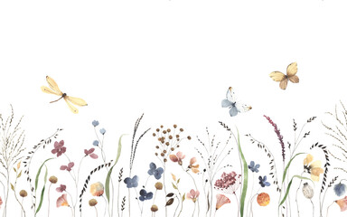 Floral seamless horizontal border with abstract wildflowers, plants, grasses and flying butterflies and dragonfly. Watercolor delicate pattern on white background, summer meadow panoramic illustration